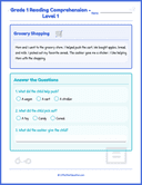Grade1 Reading Comprehension Level 1 Grocery Shopping Worksheets thumbnail 1