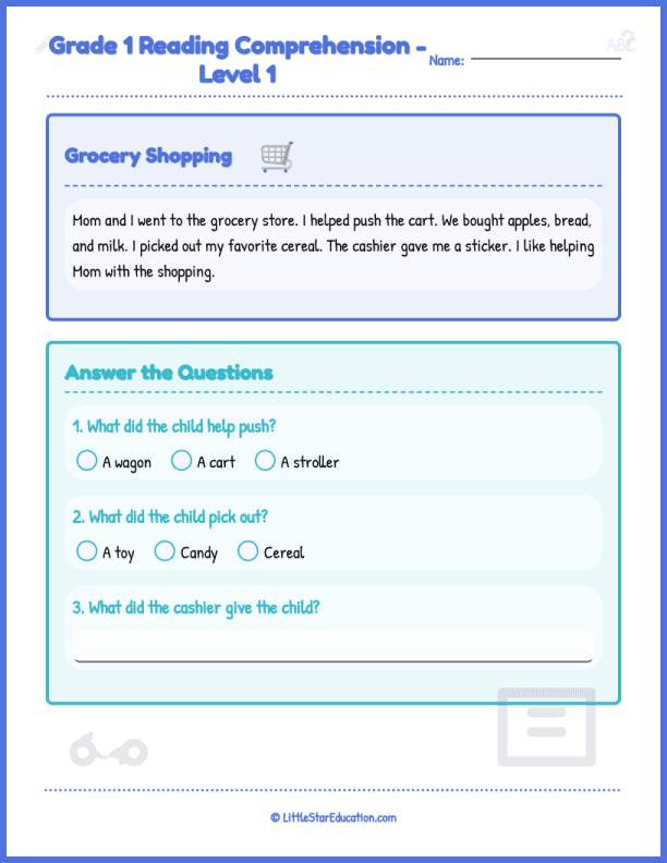 Grade1 Reading Comprehension Level 1 Grocery Shopping Worksheets