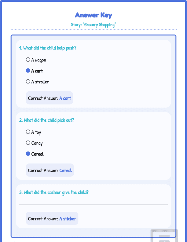 Grade1 Reading Comprehension Level 1 Grocery Shopping Worksheets