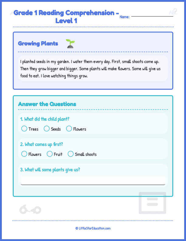 Grade 1 Reading Comprehension Level 1 Growing Plants Worksheets