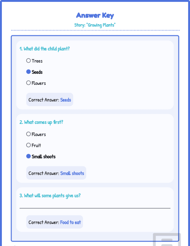 Grade 1 Reading Comprehension Level 1 Growing Plants Worksheets