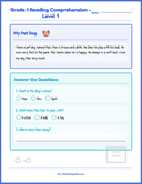 Grade 1 Reading Comprehension Level 1 My Pet Dog Worksheets thumbnail 1