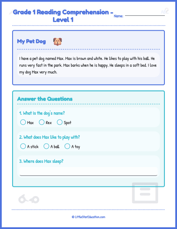 Grade 1 Reading Comprehension Level 1 My Pet Dog Worksheets