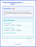 Grade 1 Reading Comprehension Level 1 My School Day Worksheets thumbnail 1
