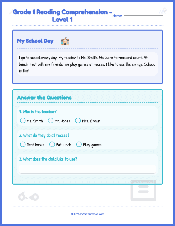Grade 1 Reading Comprehension Level 1 My School Day Worksheets