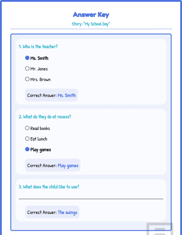 Grade 1 Reading Comprehension Level 1 My School Day Worksheets