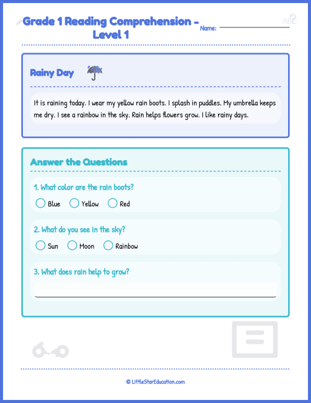 Grade1 Reading Comprehension Level 1 Rainy Day Worksheets