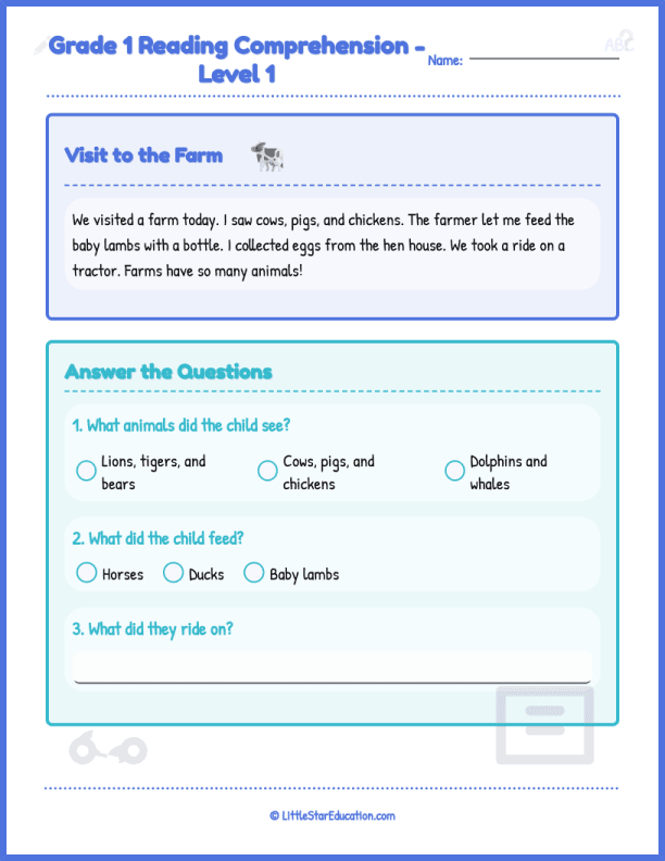 Grade1 Reading Comprehension Level 1 Visit to the Farm Worksheets