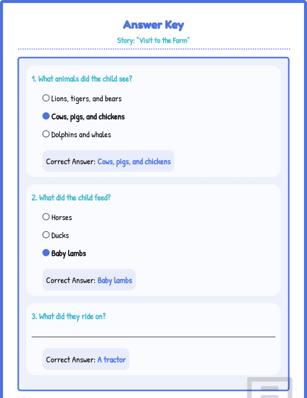 Grade1 Reading Comprehension Level 1 Visit to the Farm Worksheets