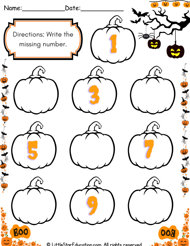 Halloween Theme Missing Number Pumpkin Number Line Practice for Kindergarten Math