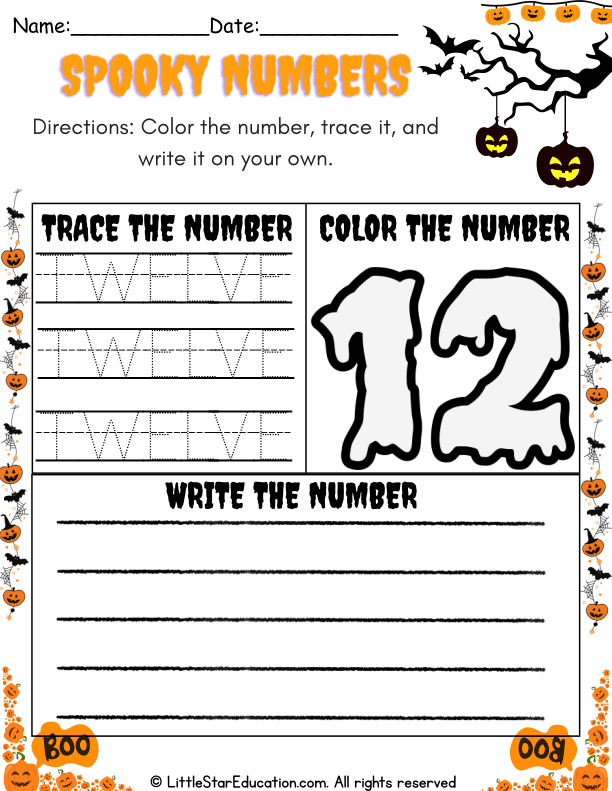 Halloween Theme Number 12 Tracing and Coloring Practice for Pre-K and Kindergarten Math