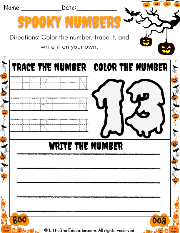 Halloween Theme Number 13 Recognition: Color, Trace, and Write Practice for Pre-K Math