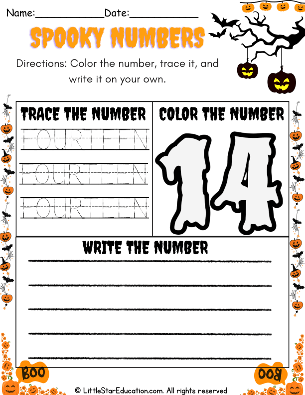 Halloween Theme Number 14 Coloring and Tracing Practice for Preschool Math