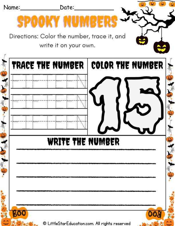 Halloween Theme Number 15 Coloring and Tracing Practice for Early Math Skills