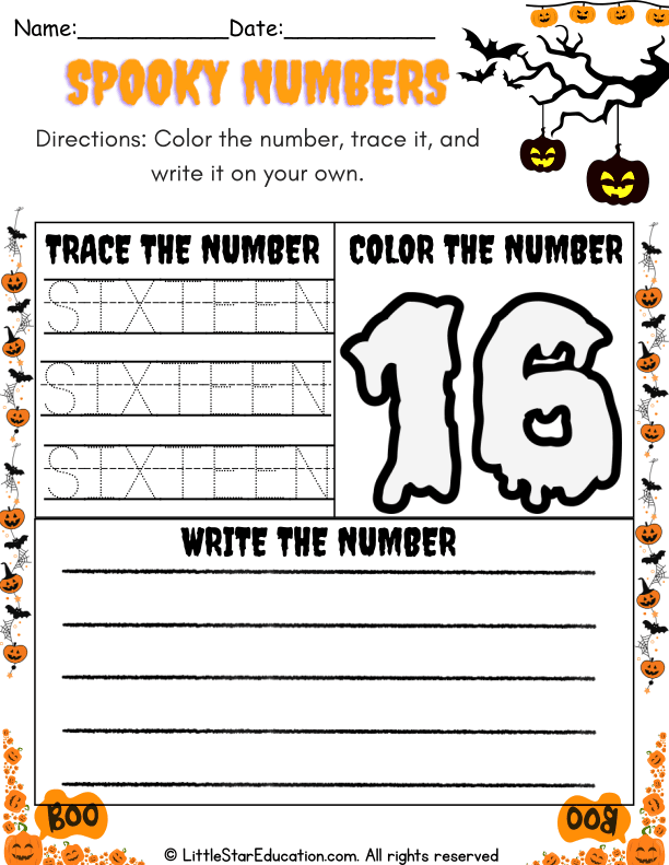 Halloween Theme Number 16 Recognition: Color, Trace, and Write Practice for Pre-K Math