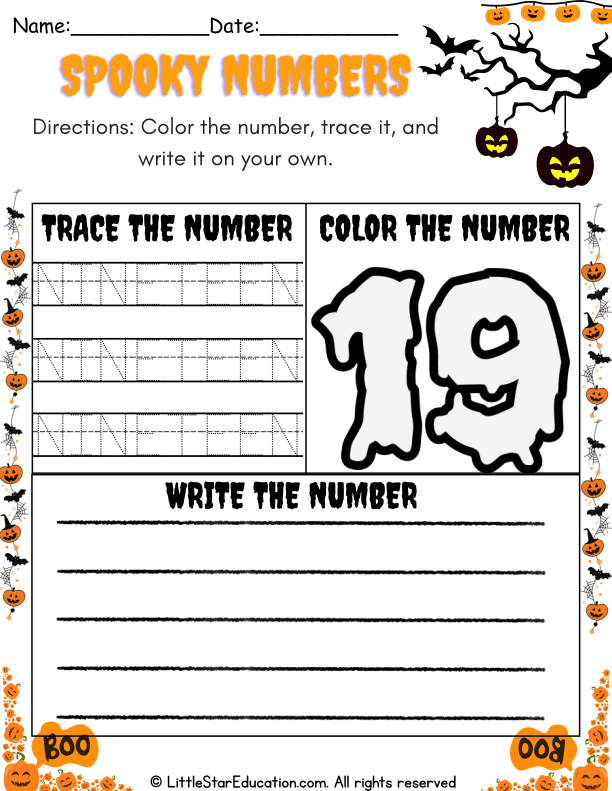 Halloween Theme Number 19 Coloring and Tracing Practice for Preschool Math