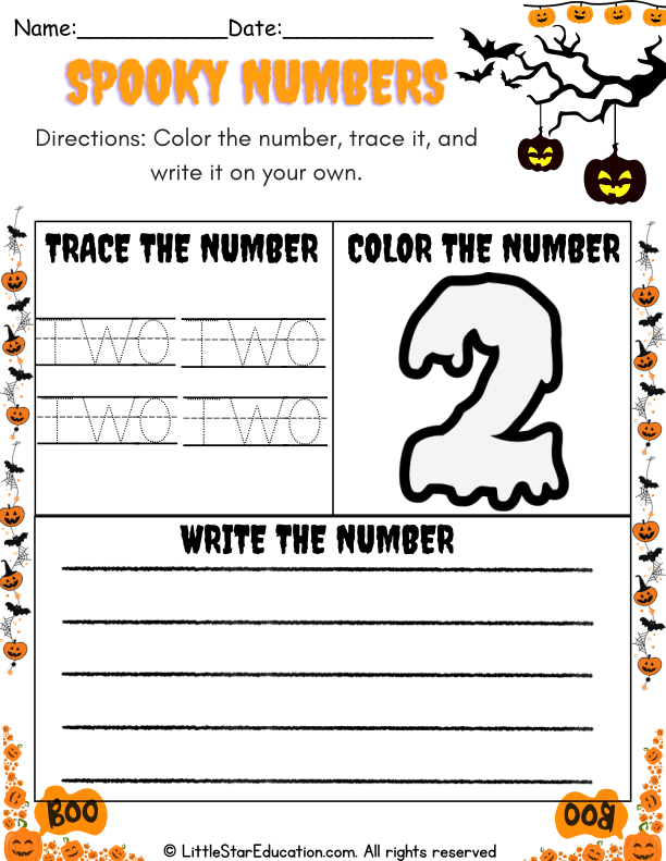Halloween Theme Number 2 Tracing and Coloring Practice for Preschool Math