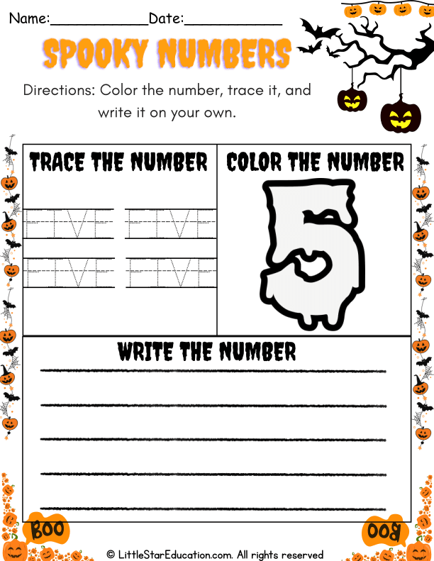 Halloween Theme Number 5 Tracing, Coloring, and Writing Practice for Preschool Math