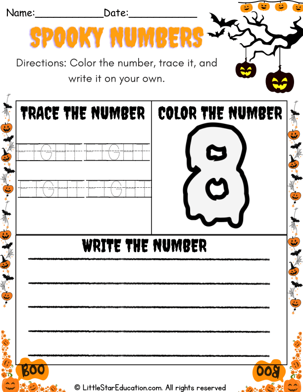 Halloween Theme Number 8 Recognition and Writing Practice for Early Learners