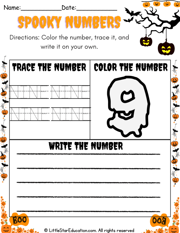 Halloween Theme Number 9 Coloring and Tracing Practice for Preschool Math