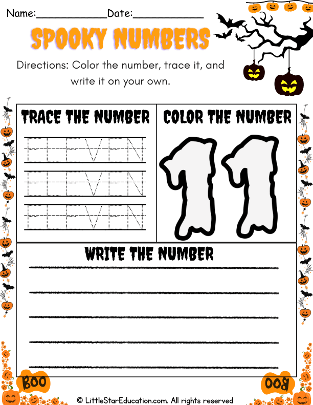 Halloween Theme Number Eleven Coloring and Writing Practice for Early Learners