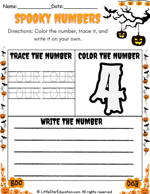Halloween Theme Number Four Recognition: Color, Trace, and Write Practice for Early Math