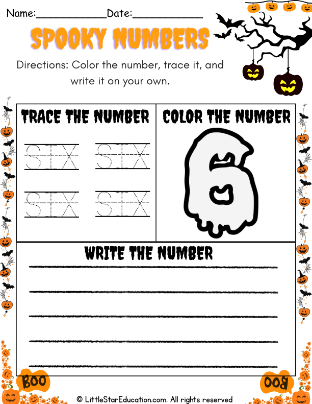 Halloween Theme Number Recognition and Writing Practice: Learn to Trace and Color 6