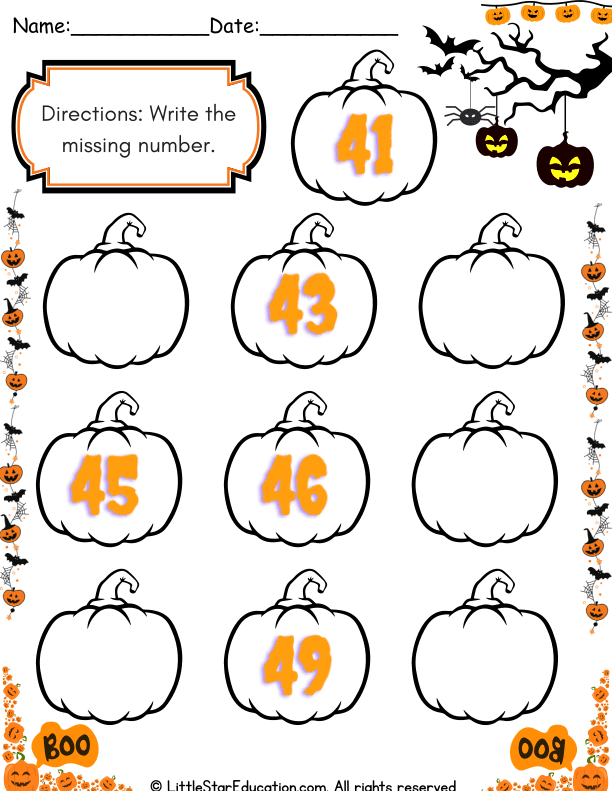Halloween Theme Number Sequence Practice: Find the Missing Number for Kindergarten Math