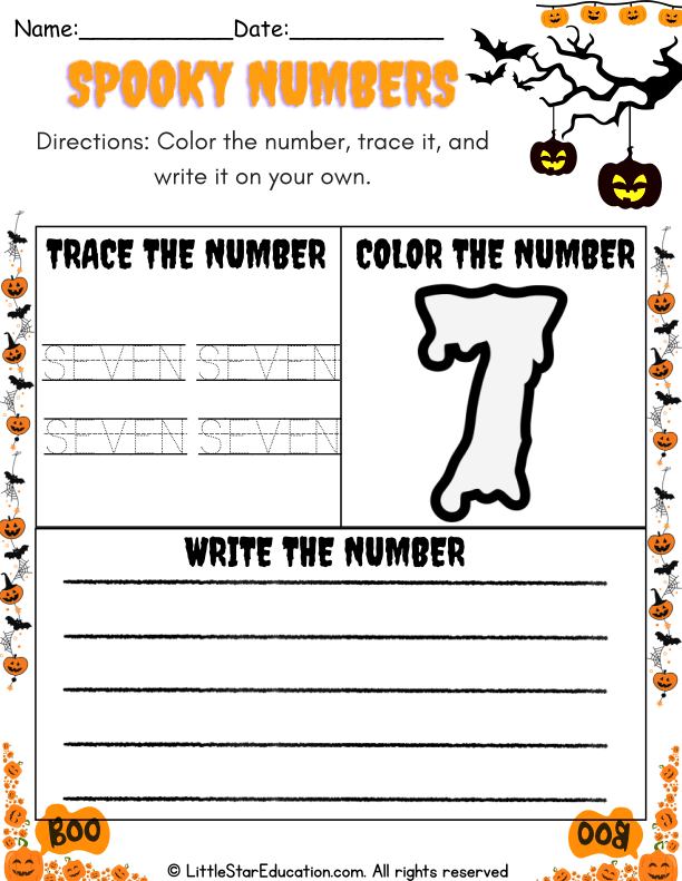 Halloween Theme Number Seven Coloring and Tracing Practice for Early Math Skills
