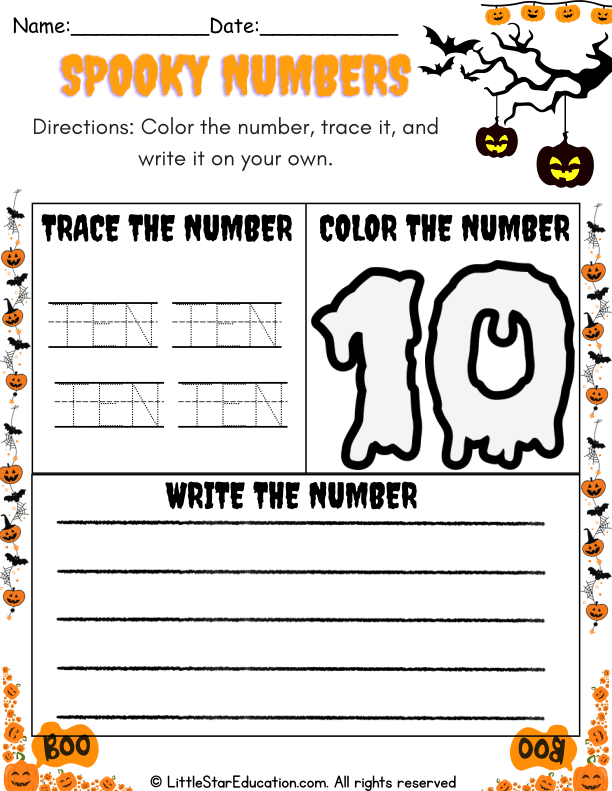 Halloween Theme Number Ten Practice: Color, Trace, and Write for Pre-K & Kindergarten Math