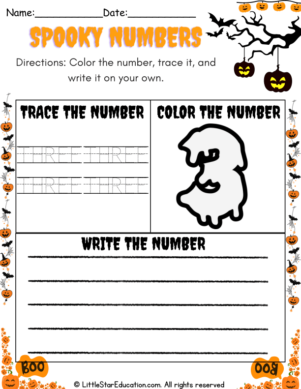 Halloween Theme Number Three Coloring, Tracing, and Writing Practice for Pre-K Math