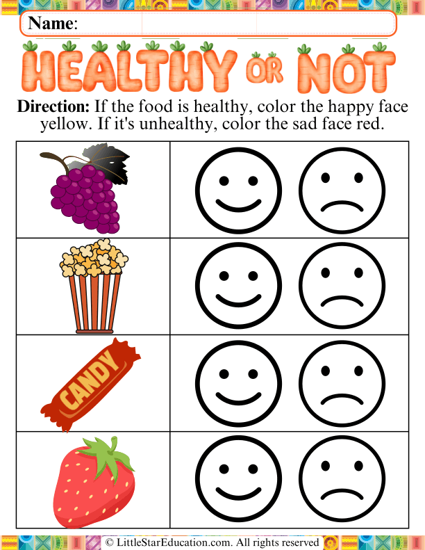 Healthy Foods Sorting: Happy and Sad Face Coloring for Preschool Health