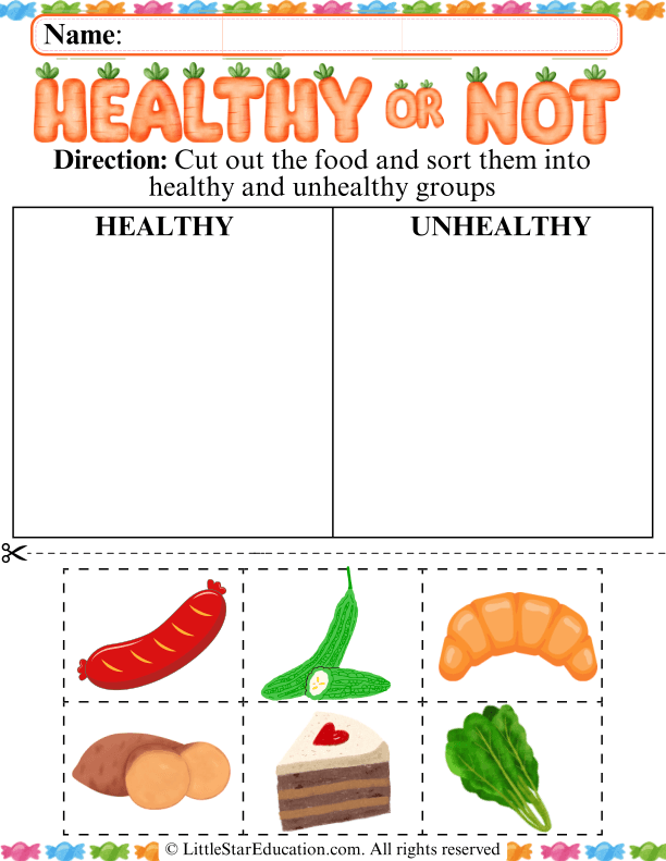 Healthy vs Unhealthy Food Sorting Cut and Paste for Pre-K Kids