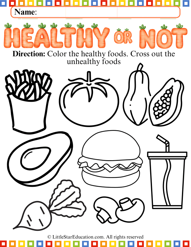Healthy vs Unhealthy Foods Coloring for Preschool and Kindergarten