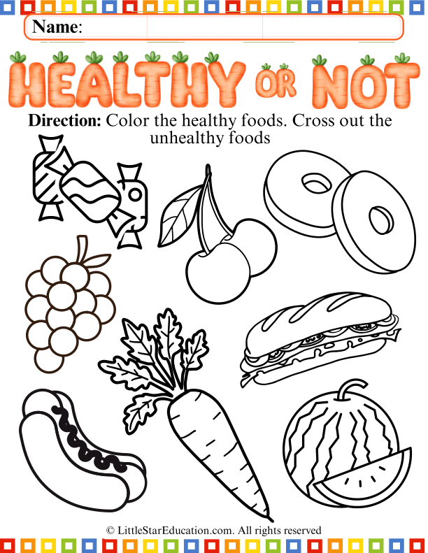 Healthy vs Unhealthy Foods Coloring for Preschool Health
