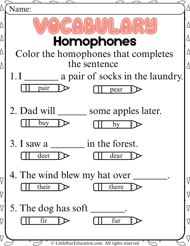 Homophones Color and Choose Exercise for Early Elementary ELA