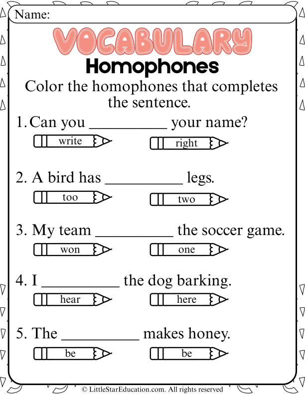 Homophones Color and Complete Sentences for Early Readers