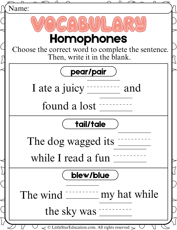 Homophones Practice: Choose the Correct Word for First and Second Grade