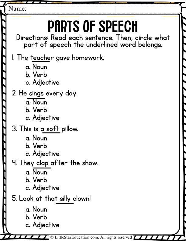 Identify Nouns, Verbs, and Adjectives: Parts of Speech Practice