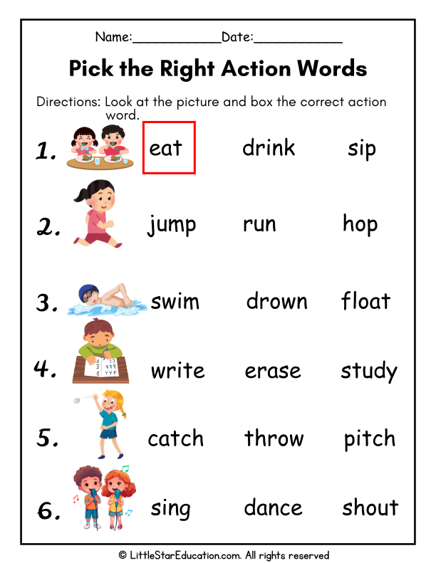Identifying Action Verbs for First Grade English Language Arts
