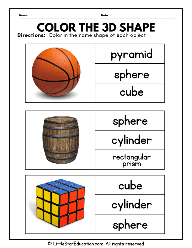 Identifying and Coloring 3D Shapes for First Grade Math