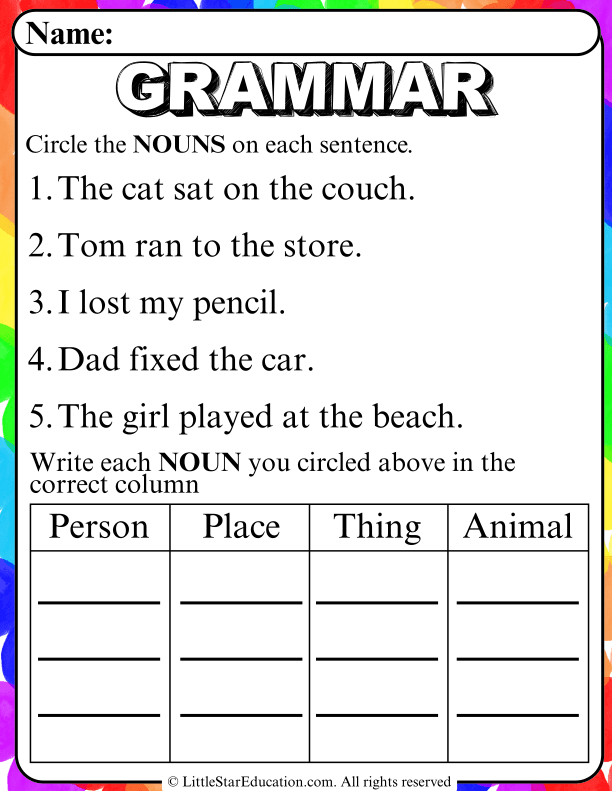 Identifying and Sorting Nouns: Person, Place, Thing, Animal for Grades 1-2