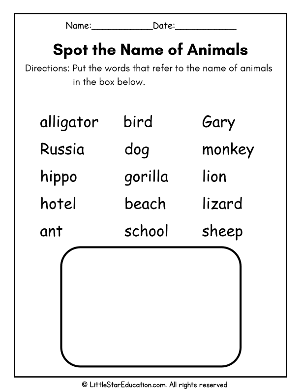 Identifying Animal Nouns for First Grade English Language Arts