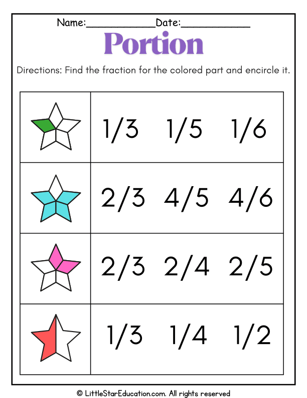 Identifying Fractions: Match Colored Parts to Fraction Numbers