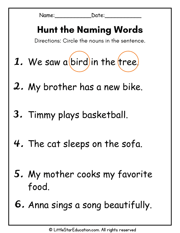 Identifying Nouns Practice for Grade 1 English Language Arts