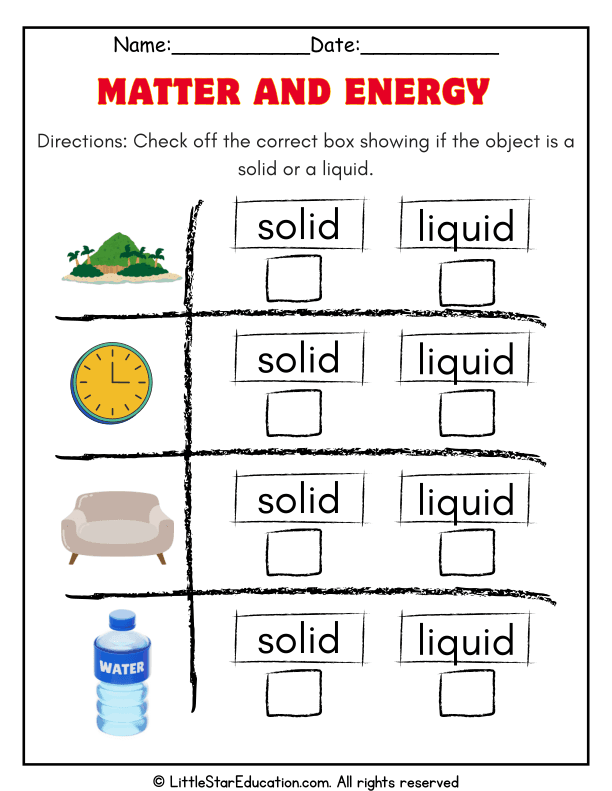 Identifying Solids and Liquids for Kindergarten Science