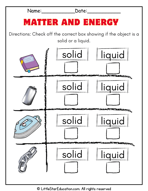 Identifying Solids and Liquids Science Sort for Early Learners