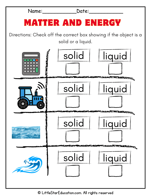 Identifying Solids and Liquids Science Sorting for Early Learners