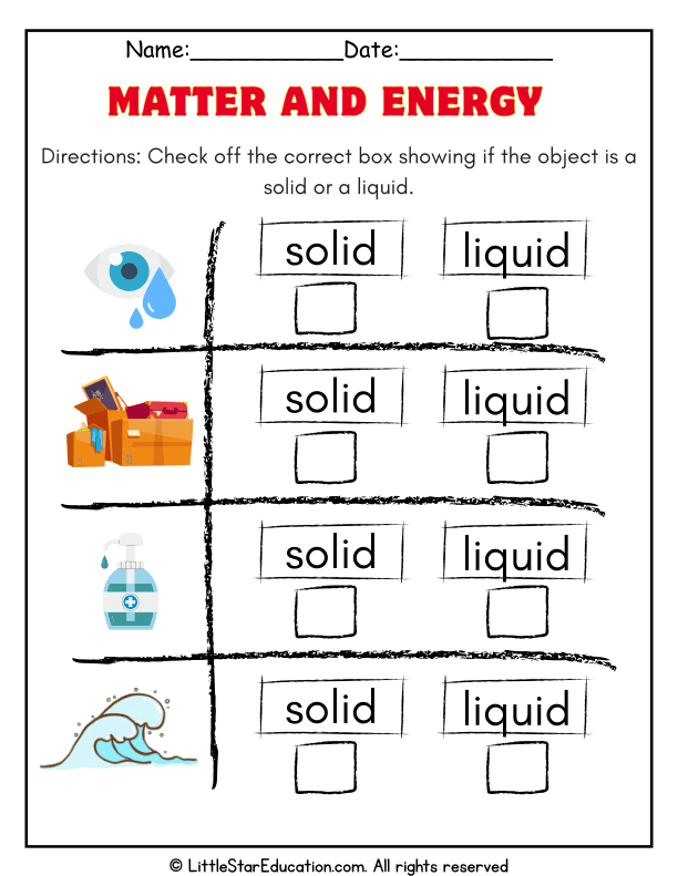 Identifying Solids and Liquids Science Sorting for Kindergarten