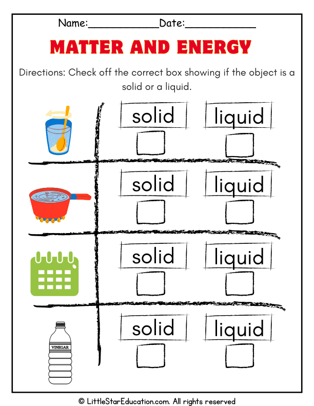 Identifying Solids and Liquids Science Worksheet for Kindergarten